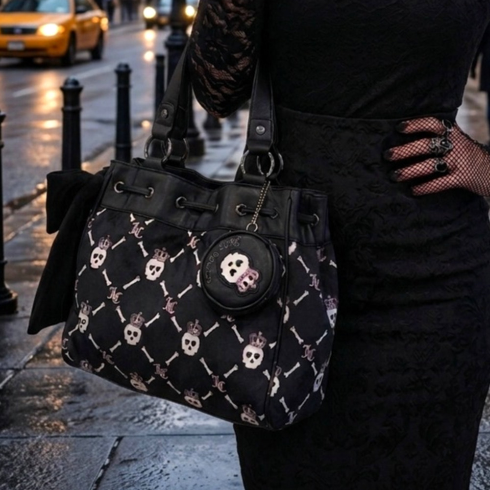 Juicy Couture Haunted Couture Daydreamer tote black velour white skull crossbone